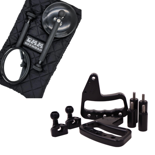 Black off-road vehicle accessories including mirrors and brackets on a white background.